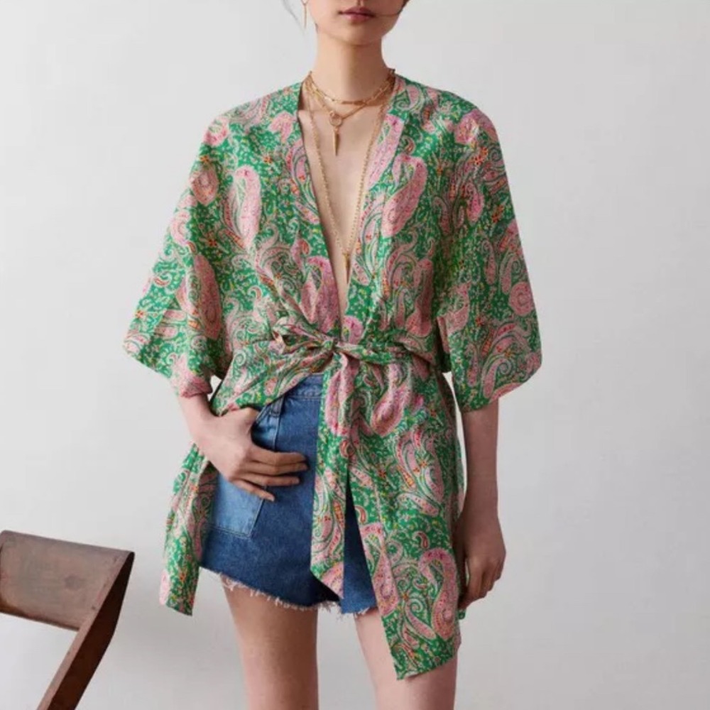 ba&sh Lady Kimono Green Pink‎ Paisley Cotton Wrap Belted Top Women Small